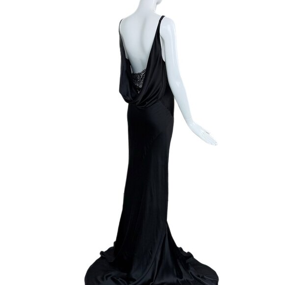 LES HABITUDES 2016 Black Liquid Silk Cowl Evening Gown Lace Maxi Dress - Picture 8 of 9